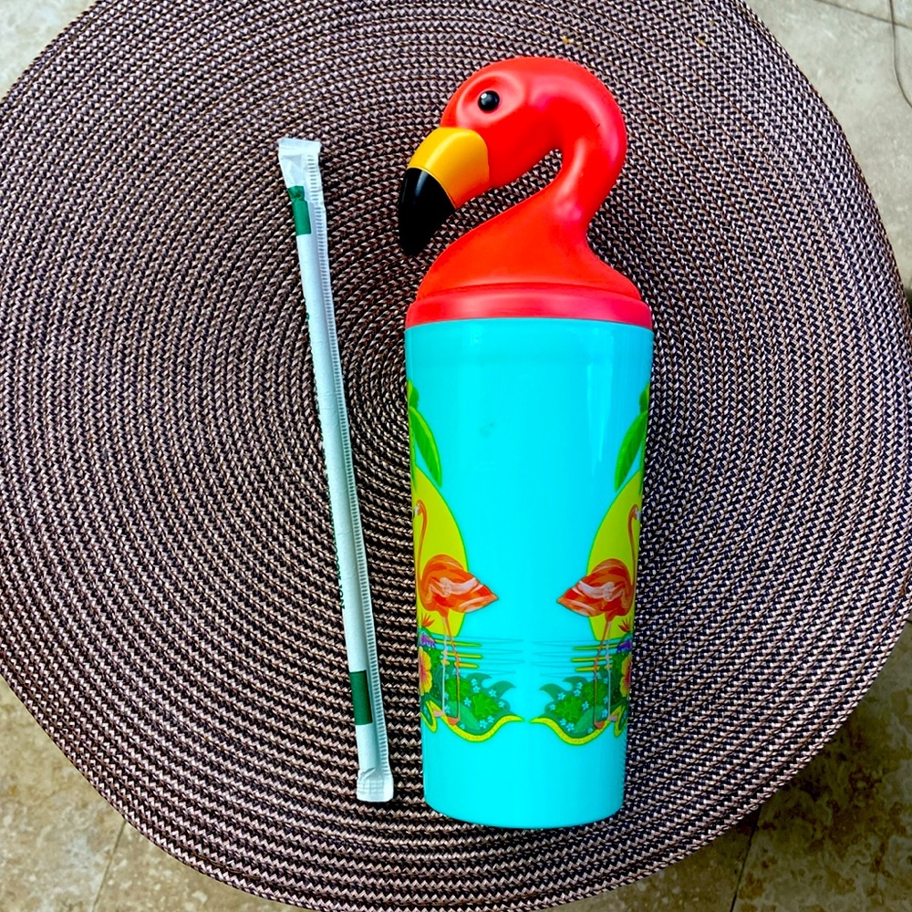 Vintage flamingo Spa or Pool cup w hole for straw.